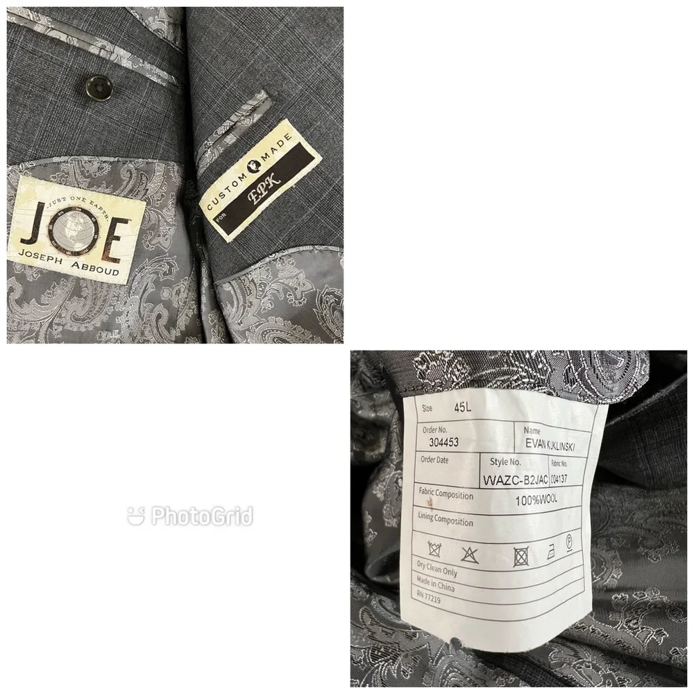 Joseph Abboud Suit Mens 45L Flat Front Pants‎ 35x31 Wool Grey Peak Lapel Plaid
